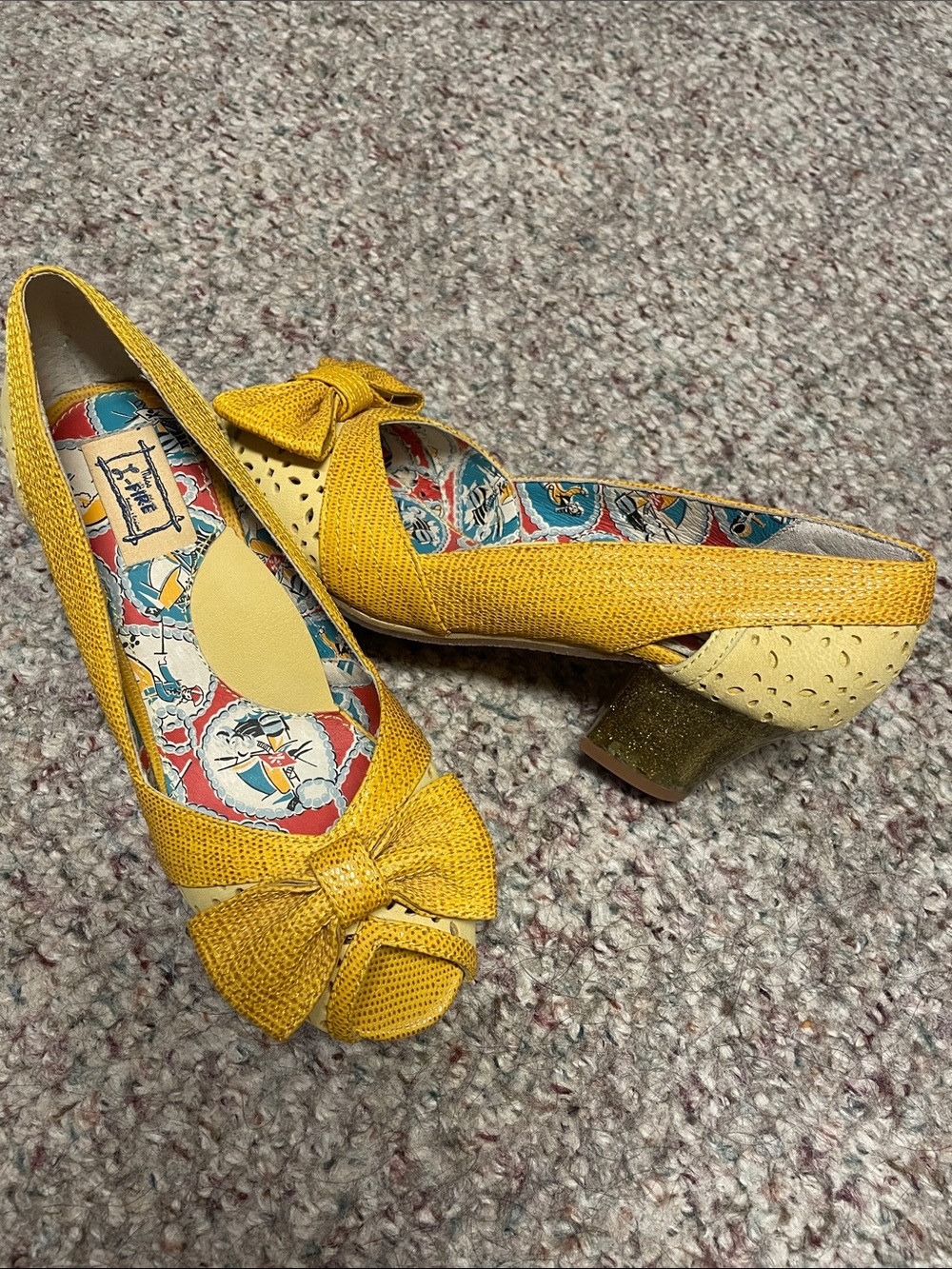 Miss L fire leather Yellow Bow Accent Women's gold sparkle block Heels